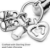 Baby Bottle and Shoes Dangle Charm - Compatible Moments Bracelets - Jewelry for Women - Made with Sterling Silver, Cubic Zirconia & Enamel - Comes with Gift Box