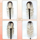 Long Ombre Blonde Wigs for Women 26 inch Long Wavy Middle Part Wig Ombre Blonde Wigs Upgraded Protein Fiber Hair Replacement Wig Cosplay Costume Halloween Wig(26'' Brown Ombre Blonde)