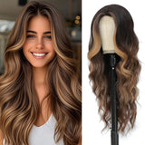 Long Ombre Blonde Wigs for Women 26 inch Long Wavy Middle Part Wig Ombre Blonde Wigs Upgraded Protein Fiber Hair Replacement Wig Cosplay Costume Halloween Wig(26'' Brown Ombre Blonde)