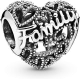 Family Heart Charm - Compatible Moments Bracelets - Jewelry for Women - Made with Sterling Silver - with Gift Box