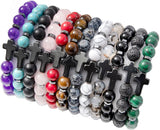 12Pcs Natural Stone Beaded Bracelets for Women Men Semi-Precious Gemstones Bracelets Crystal Cross Beaded Bracelet Unisex Adjustable Stretch Bracelets 8MM