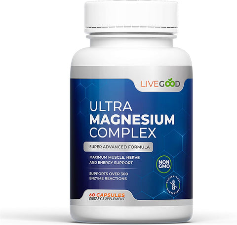 LiveGood™ Fórmula avanzada de complejo de magnesio ultra para apoyo muscular, nervioso y energético, sin OMG, 420 mg de glicinato de magnesio y gluconato por porción, 60 cápsulas