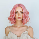 Short Ombre Wavy Wig for Women 14 Inch Shoulder Length Middle Part Curly Wavy Bob Wig Natural Looking Synthetic Heat Resistant Fiber Wig for Daily Party Use