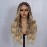 Long Ombre Blonde Wigs for Women 26 inch Long Wavy Middle Part Wig Ombre Blonde Wigs Upgraded Protein Fiber Hair Replacement Wig Cosplay Costume Halloween Wig(26'' Brown Ombre Blonde)