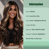 Long Ombre Blonde Wigs for Women 26 inch Long Wavy Middle Part Wig Ombre Blonde Wigs Upgraded Protein Fiber Hair Replacement Wig Cosplay Costume Halloween Wig(26'' Brown Ombre Blonde)