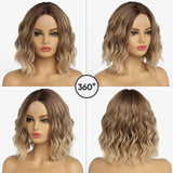 Short Ombre Wavy Wig for Women 14 Inch Shoulder Length Middle Part Curly Wavy Bob Wig Natural Looking Synthetic Heat Resistant Fiber Wig for Daily Party Use