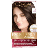 L'Oreal Paris Excellence Crème Permanent Hair Dye, Triple Care Hair Color with Hyaluronic Acid for 100% Gray Coverage, 4 Dark Brown, 1 Kit (Packaging May Vary)