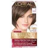 L'Oreal Paris Excellence Crème Permanent Hair Dye, Triple Care Hair Color with Hyaluronic Acid for 100% Gray Coverage, 4 Dark Brown, 1 Kit (Packaging May Vary)