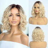 Short Ombre Wavy Wig for Women 14 Inch Shoulder Length Middle Part Curly Wavy Bob Wig Natural Looking Synthetic Heat Resistant Fiber Wig for Daily Party Use