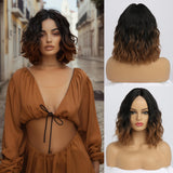 Short Ombre Wavy Wig for Women 14 Inch Shoulder Length Middle Part Curly Wavy Bob Wig Natural Looking Synthetic Heat Resistant Fiber Wig for Daily Party Use