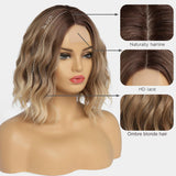 Short Ombre Wavy Wig for Women 14 Inch Shoulder Length Middle Part Curly Wavy Bob Wig Natural Looking Synthetic Heat Resistant Fiber Wig for Daily Party Use