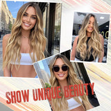 Long Ombre Blonde Wigs for Women 26 inch Long Wavy Middle Part Wig Ombre Blonde Wigs Upgraded Protein Fiber Hair Replacement Wig Cosplay Costume Halloween Wig(26'' Brown Ombre Blonde)