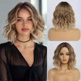Short Ombre Wavy Wig for Women 14 Inch Shoulder Length Middle Part Curly Wavy Bob Wig Natural Looking Synthetic Heat Resistant Fiber Wig for Daily Party Use