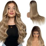 Human Hair Balayage Wig Human Hair 180% Density Highlight Blonde Real Wigs for Women Pre Plucked Undetectable 13x4 HD Lace Frontal Ombre Highlight Ash Blonde Wig with Brown Roots 22 Inch