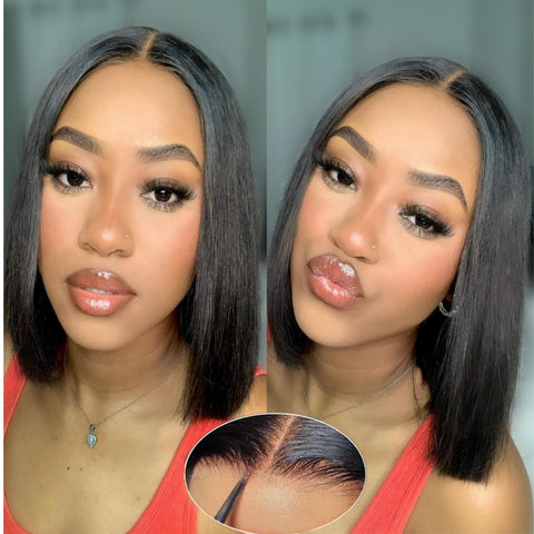 Human Hair Bob Glueless Wear and Go Pre Plucked Pre Cut Straight Short Bob lace front Wigs for Women 5x5 Hd Lace Closure Bob Wig Brazilian Virgin Hair 180% Density Natural Black 12 Inch