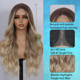 Long Ombre Blonde Wigs for Women 26 inch Long Wavy Middle Part Wig Ombre Blonde Wigs Upgraded Protein Fiber Hair Replacement Wig Cosplay Costume Halloween Wig(26'' Brown Ombre Blonde)