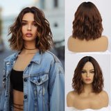Short Ombre Wavy Wig for Women 14 Inch Shoulder Length Middle Part Curly Wavy Bob Wig Natural Looking Synthetic Heat Resistant Fiber Wig for Daily Party Use