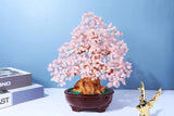 Feng Shui Natural Rose Quartz Crystal Money Tree Resin Base Healing Stones Bonsai Style Tree Large Decoration for Wealth and Luck 9.5 Inches