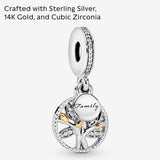 Jewelry Sparkling Family Tree Dangle -14K Gold & Sterling Silver Charm with Cubic Zirconia - Compatible Moments - Comes with Gift Box