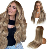 Human Hair Balayage Wig Human Hair 180% Density Highlight Blonde Real Wigs for Women Pre Plucked Undetectable 13x4 HD Lace Frontal Ombre Highlight Ash Blonde Wig with Brown Roots 22 Inch