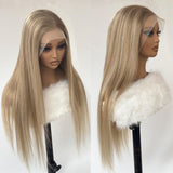 Human Hair Balayage Wig Human Hair 180% Density Highlight Blonde Real Wigs for Women Pre Plucked Undetectable 13x4 HD Lace Frontal Ombre Highlight Ash Blonde Wig with Brown Roots 22 Inch
