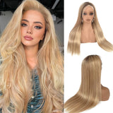Human Hair Balayage Wig Human Hair 180% Density Highlight Blonde Real Wigs for Women Pre Plucked Undetectable 13x4 HD Lace Frontal Ombre Highlight Ash Blonde Wig with Brown Roots 22 Inch