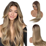 Human Hair Balayage Wig Human Hair 180% Density Highlight Blonde Real Wigs for Women Pre Plucked Undetectable 13x4 HD Lace Frontal Ombre Highlight Ash Blonde Wig with Brown Roots 22 Inch