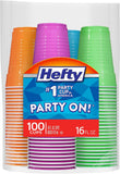 Hefty Party On Disposable Plastic Cups, Assorted, 16 Ounce, 100 Count