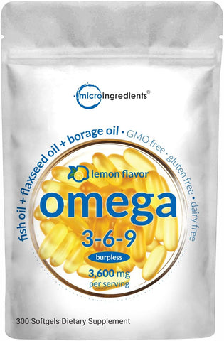 Ultra Omega 3-6-9 3600Mg Perserv, 300 Burpless Softgels | Lemon Flavor – Blend of Fish, Flaxseed, Borage Oils | Bioavailable Source, Non-Gmo, No Gluten, Mercury Free