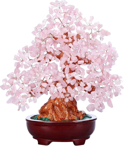 Feng Shui Natural Rose Quartz Crystal Money Tree Resin Base Healing Stones Bonsai Style Tree Large Decoration for Wealth and Luck 9.5 Inches