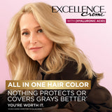 L'Oreal Paris Excellence Crème Permanent Hair Dye, Triple Care Hair Color with Hyaluronic Acid for 100% Gray Coverage, 4 Dark Brown, 1 Kit (Packaging May Vary)