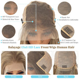 Human Hair Balayage Wig Human Hair 180% Density Highlight Blonde Real Wigs for Women Pre Plucked Undetectable 13x4 HD Lace Frontal Ombre Highlight Ash Blonde Wig with Brown Roots 22 Inch
