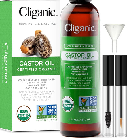 USDA Organic Castor Oil, 100% Pure (8Oz with Eyelash Kit) - for Eyelashes, Eyebrows, Hair & Skin | Natural Cold Pressed Unrefined Hexane-Free