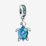 Murano Glass Blue Sea Turtle Dangle Charm - Compatible with  Moments Bracelets - Jewelry for Women - Gift for Women - Made with Sterling Silver & Man-Made Crystal, with Gift Box