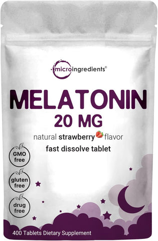 Melatonin 20Mg Tablets, 400 Counts, Natural Strawberry Flavor, Fast Dissolve | No Drug, Vegetarian Friendly, Non-Gmo & No Gluten