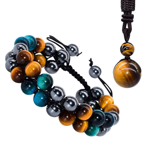 Triple Protection Bracelet Hand made Crystal Bracelet Tiger Eye, Hematite and Black Obsidian Natural Stone 8Mm 