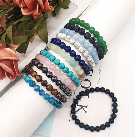 12Pcs Natural Stone Beaded Bracelets for Women Men Semi-Precious Gemstones Bracelets Crystal Beaded Bracelet Unisex Adjustable Stretch Bracelets 8MM