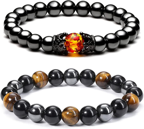 Hematite Black Obsidian Tiger Eye Stone Bracelets for Men Women 10Mm Natural round Gemstone Beads Beaded Healing Crystal Bracelet for Protection, Good Luck